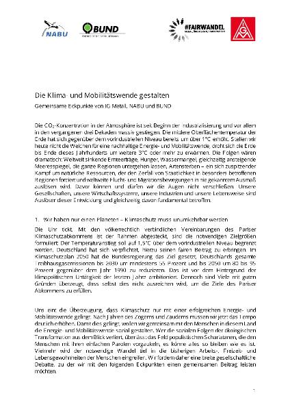 Die Klima- und Mobilitätswende gestalten. Gemeinsame Eckpunkte von IG Metall, NABU und BUND