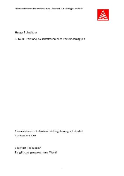 Helga Schwitzer: Pressestatement Auftaktveranstaltung Kampagne Leiharbeit
