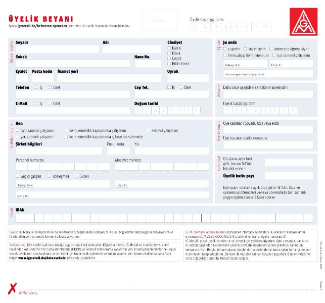 Editierbare IG Metall-Beitrittserklärung in türkischer Sprache