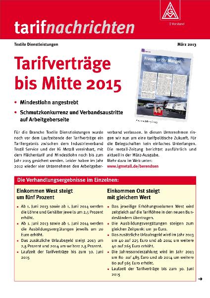 Tarifverträge bis Mitte 2015, tarifnachrichten Textile Dienstleistungen, März 2013