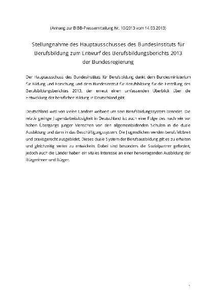 Stellungnahme BIBB-Hauptausschuss zum Berufsbildungsbericht 2013