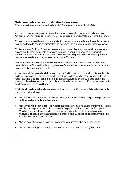 Solidariedade com os Sindicatos Brasileiros