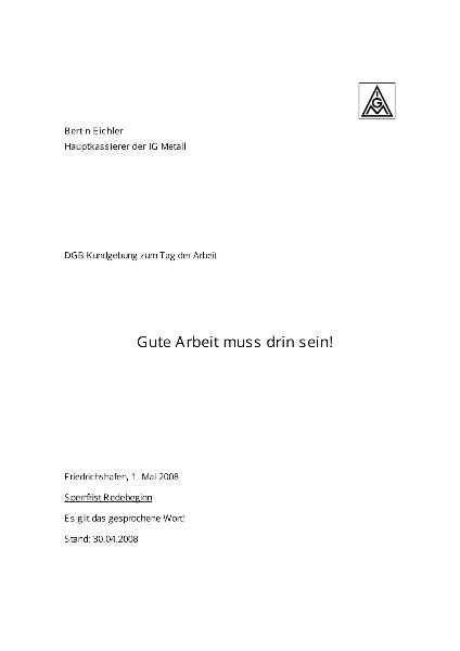 Bertin Eichler: Rede zum 1. Mai 2008, Friedrichshafen