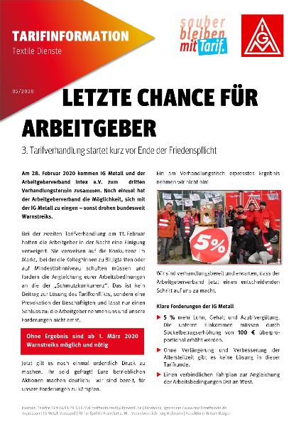 Letzte Chance für Arbeitgeber - 3. Tarifverhandlung startet kurz vor Ende der Friendenspflicht, Tarifinformation Textile Dienste 05/2020