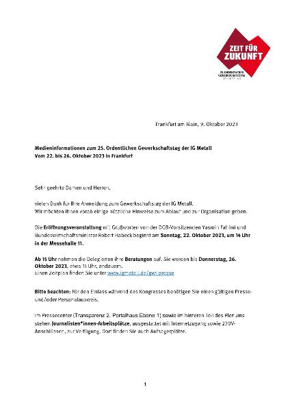 Informationen zur Akkreditierung des 25. Gewerkschaftstages der IG Metall