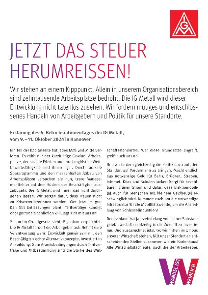 Jetzt das Steuer herumreißen! Erklärung des 6. BetriebsrätinnenTages der IG Metall, vom 9. – 11. Oktober 2024 in Hannover