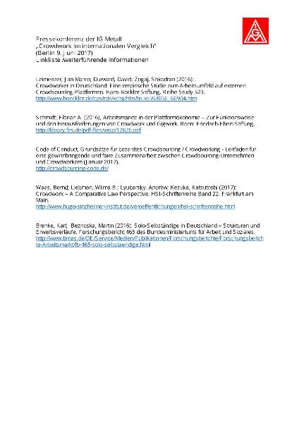 Linkliste/weiterführende Informationen, Crowdwork im internationalen Vergleich, PK 9.6.2017, Berlin