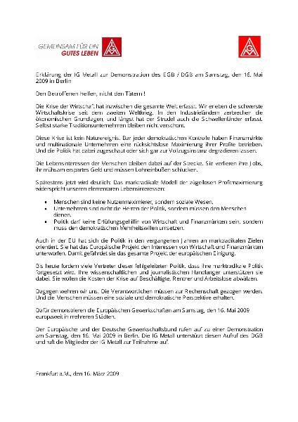 Den Betroffenen helfen, nicht denTätern. Aufruf der IG Metall zum 16. Mai2009 in Berlin