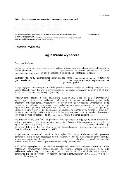 Wzór: – og?oszenie wyborcze - uproszczona, jednoetapowa procedura wyborcza, Wahlausschreiben zur vereinfachten einstufigen Betriebsratswahl, polnisch