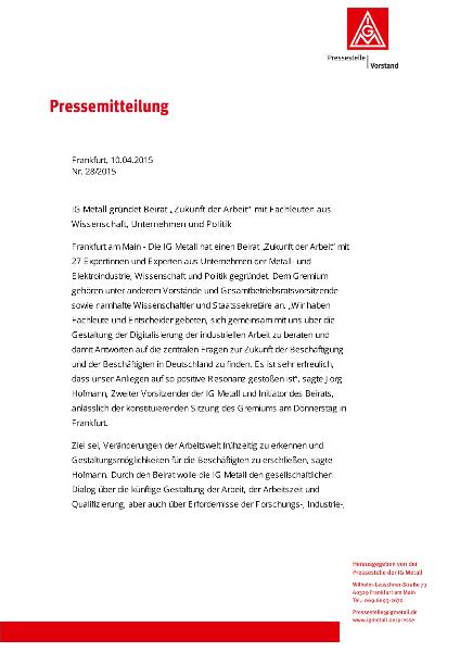 IG Metall gründet Beirat „Zukunft der Arbeit“ mit Fachleuten aus Wissenschaft, Unternehmen und Politik