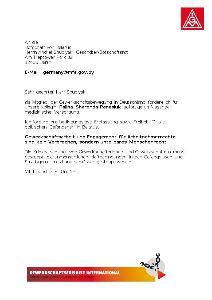 Unterstützt Palina Sharenda-Panasiuk! E-Mail-Vorlage