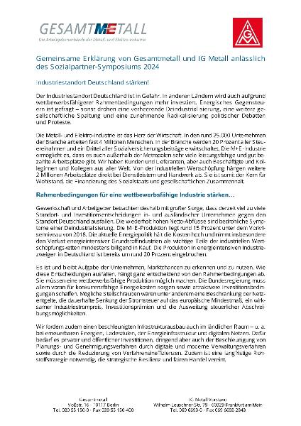 Gemeinsame Erklärung von Gesamtmetall und IG Metall anlässlich des Sozialpartner-Symposiums 2024