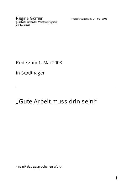 Regina Görner: Rede zum 1. Mai 2008, Stadthagen
