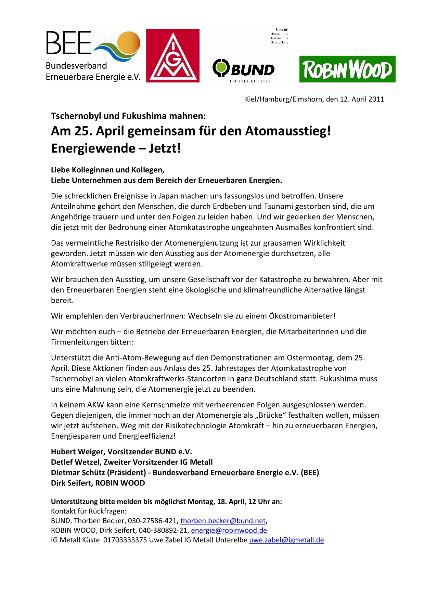 Aufruf an die Unternehmen aus der Branche Erneuerbare Energien: Ostermontag 2011