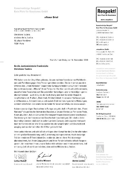 Offener Brief an die Justizministerin Frankreichs Christiane Taubira