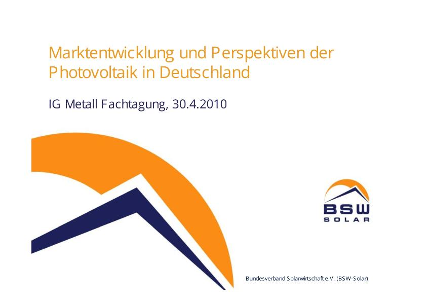 Marktentwicklung und Perspektiven der Photovoltaik in Deutschland, BSW-Solar