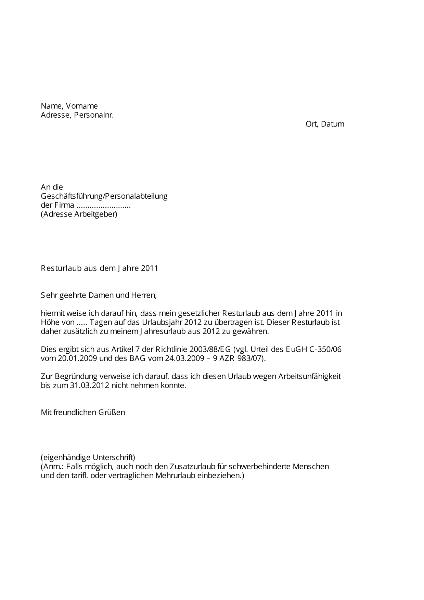Musterschreiben Resturlaub aus dem Jahre 2011