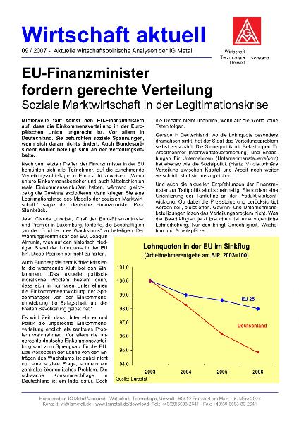 Wirtschaft aktuell 09/2007: EU-Finanzminister fordern gerechte Verteilung - Soziale Marktwirtschaft in der Legitimationskrise