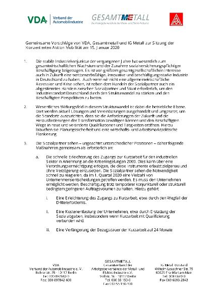 Gemeinsame Vorschläge von VDA, Gesamtmetall und IG Metall zur Sitzung der Konzertierten Aktion Mobilität am 15. Januar 2020
