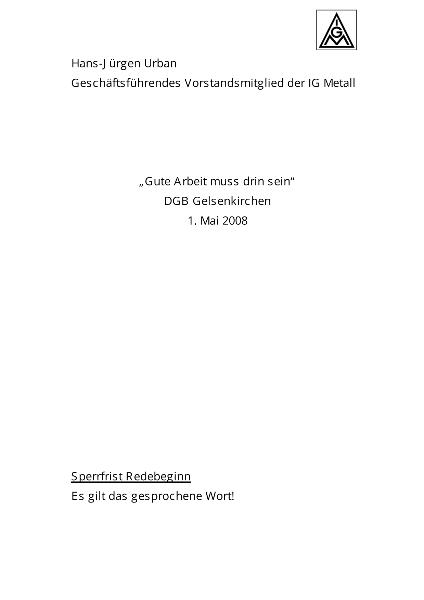 Hans-Jürgen Urban: Rede zum 1. Mai 2008, Gelsenkirchen