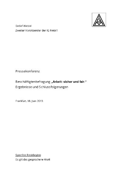 Detlef_Wetzel: Statement Arbeit sicher und fair. Die Befragung, Frankfurt, 18.6.2013