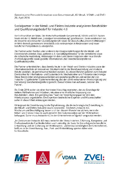 Gemeinsame Presseinformation von Gesamtmetall, IG Metall; VDMA und ZVEI: Sozialpartner in der Metall- und Elektro-Industrie analysieren Berufsbilder und Qualifizierungsbedarf für Industrie 4.0