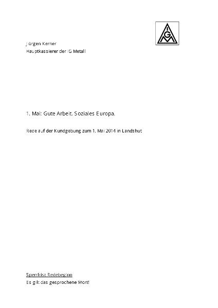 Jürgen Kerner: Gute Arbeit. Soziales Europa, Rede auf der Kundgebung zum 1. Mai 2014 in Landshut