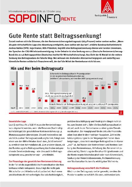 Gute Rente statt Beitragssenkung! SoPoInfo Rente, Informationen zur Sozialpolitik Nr. 26 / Oktober 2014