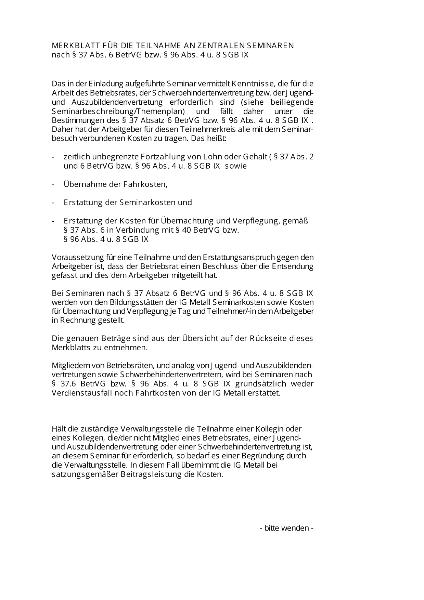 Preise für zentrale Seminare der IG Metall nach § 37 Abs. 6 BetrVG und § 96 Abs. 4 und 8 SGB IX ab 1. Januar 2006
