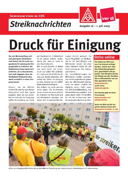 EDS Streiknachrichten Nr. 16: Druck für Einigung, vom 01.07.2009