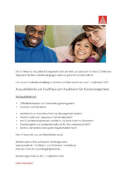 Stellenausschreibung: Auszubildende zur Kauffrau / zum Kaufmann für Büromanagement zum 1. September 2019