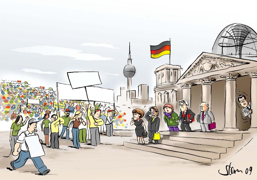 Karikatur von Robert Stern mit leeren, weissen Transparenten zum selbst Beschriften