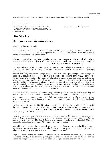Uzorak objave: Odluka o raspisivanju izbora – pojednostavljeni dvostupanjski izborni postupak, Wahlausschreiben zur vereinfachten zweistufigen Betriebsratswahl, kroatisch