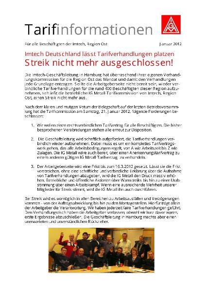 Tarifinformationen für die Beschäftigten der Imtech, Region Ost, Januar 2012