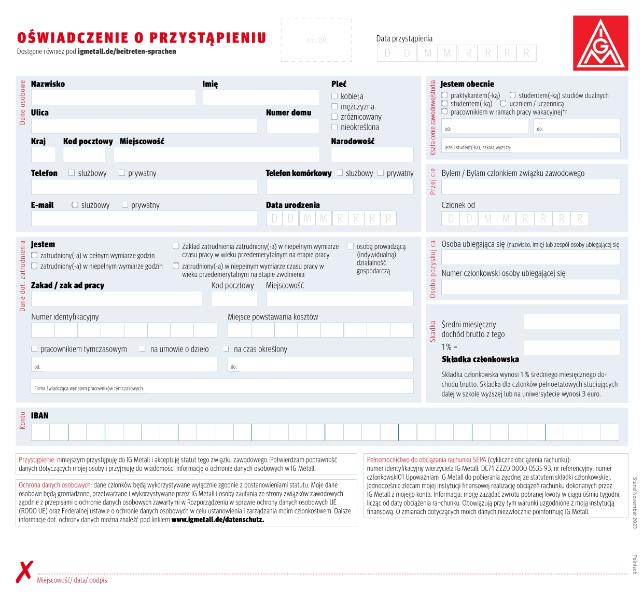Editierbare IG Metall-Beitrittserklärung in polnischer Sprache