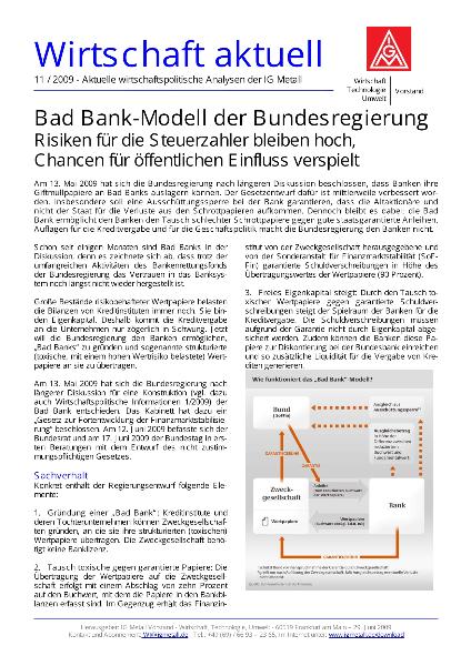 Wirtschaft aktuell 11/2009: Bad Bank-Modell der Bundesregierung - Risiken für die Steuerzahler bleiben hoch, Chancen für öffentlichen Einfluss verspielt