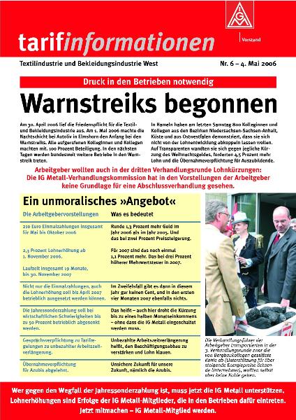 Tarifinformation Textil-Bekleidung West Nr. 6 - Warnstreiks begonnen