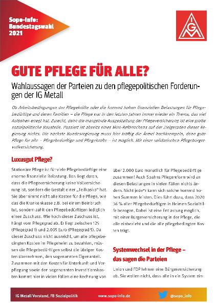 Gute Pflege für alle in Sicht? Wahlaussagen der Parteien zu den pflegepolitischen Forderungen der IG Metall, SoPoInfo Bundestagswahl 2021