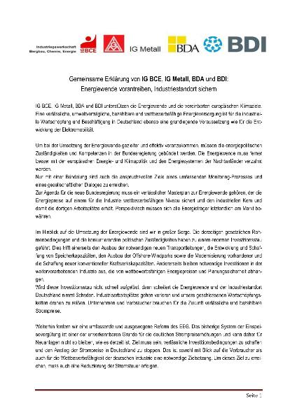 2013 10 23 Gemeinsame Erklärung BDA, BDI, IG BCE und IGM