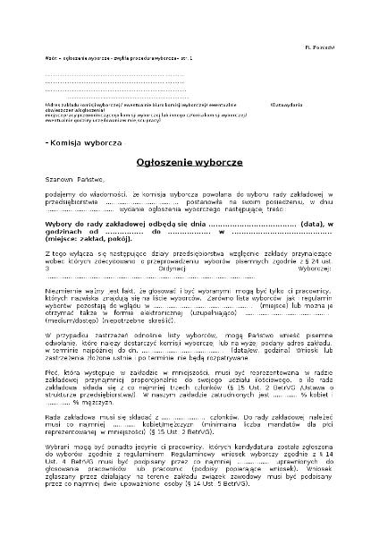 Wzór: – og?oszenie wyborcze - zwyk?a procedura wyborcza, Wahlausschreiben zur normalen Betriebsratswahl, polnisch