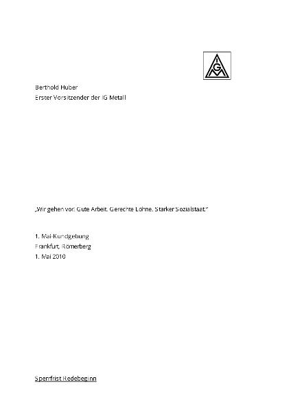 Berthold Huber: Rede auf der 1. Mai-Kundgebung, Frankfurt am Main, 1. Mai 2010