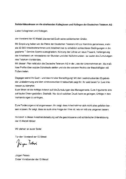 Solidaritätsadresse des Vorstands der IG Metall an die streikenden Kolleginnen und Kollegen der Deutschen Telekom AG