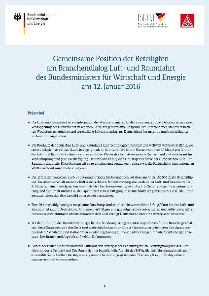 Gemeinsame Position der Beteiligten am Branchendialo Luft- und Raumfahrt des Bundesministers für Wirtschaft und Energie am 12. Januar 2016