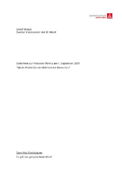 Detlef Wetzel: Statement anlässlich der Pressekonferenz zum Aktionstag am 05. September 2009