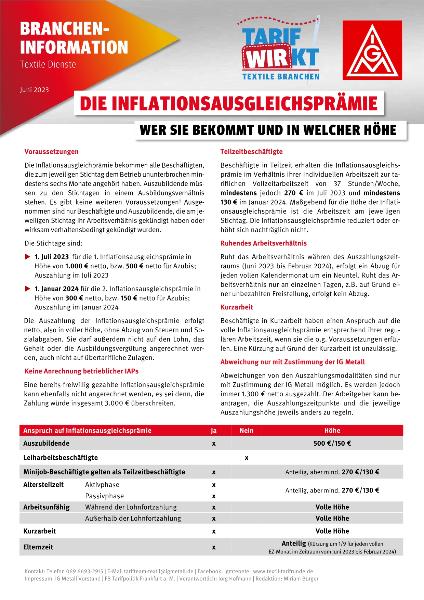 Die Inflationsausgleichsprämie. Wer sie bekommt und in welcher Höhe, Brancheninformation Textile Dienste, Juni 2023