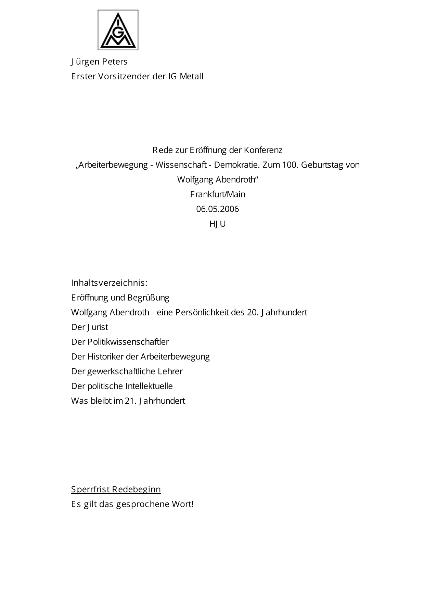 Jürgen Peters: Eröffnungsrede - Konferenz Arbeiterbewegung - Wissenschaft - Demokratie. Zum 100. Geburtstag von Wolfgang Abendroth, Frankfurt am 06.05.2006
