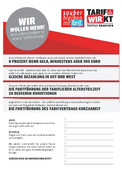 Wir wollen mehr! Jetzt unterschreiben für unsere Tarifforderung!, Unterschriftenliste zur Tarifbewegung Textile Dienste 2023
