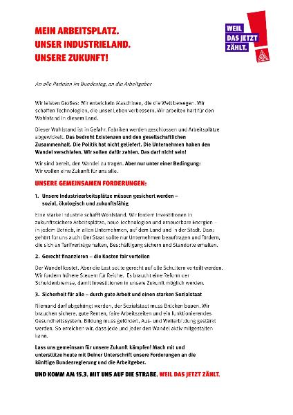 Petition: Mein Arbeitsplatz. Unser Industrieland. Unsere Zukunft!