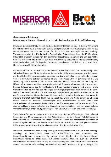 Gemeinsame Erklärung: Menschenrechte und Umweltschutz - Leitplanken bei der Rohstoffsicherung