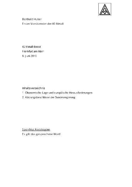 Berthold Huber: Auszug Rede Beiratssitzung 08.06.2010